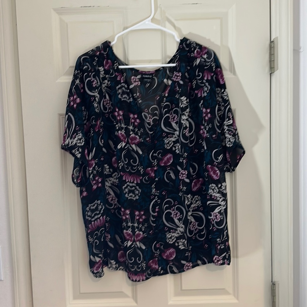 Torrid, sheer, black button-down, V-neck blouse, 2X
